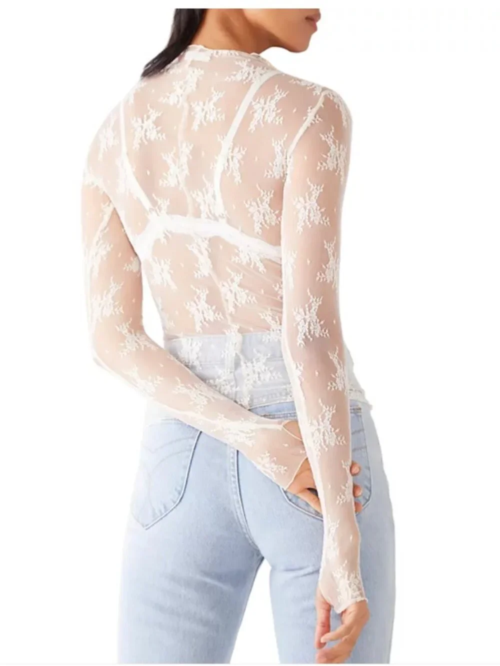 Free People Layered In Luxe Lace Sheer Tee Ivory Evening Cream Large
